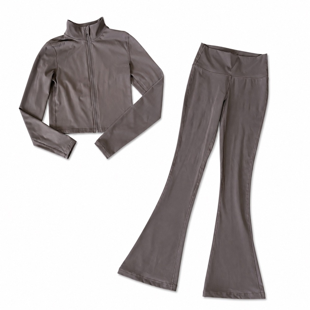 Love Poem Activewear Set Taupe Brown Zip Up Crop Jacket Flare Leggings Yoga  S